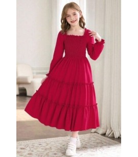 KIZ KIRMIZI UZUN LASTİKLİ ELBİSE KIZ KIRMIZI UZUN LASTİKLİ ELBİSE