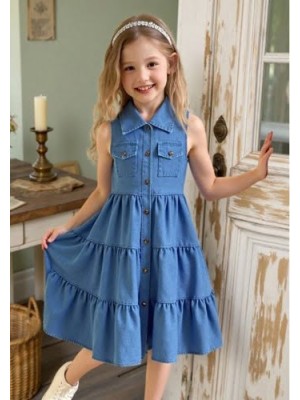 Kız Mavi Düğmeli Kot Elbise