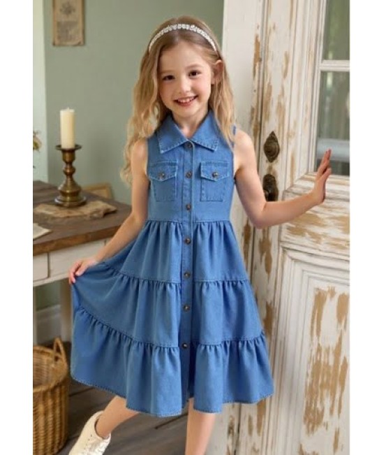 Kız Mavi Düğmeli Kot Elbise