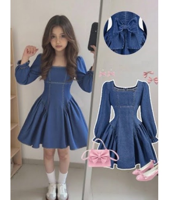 KIZ ÇOCUK MAVİ KOT ELBİSE