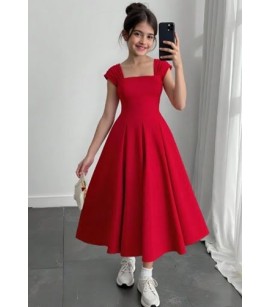 KIZ ÇOCUK KIRMIZI UZUN ASKILI ELBİSE